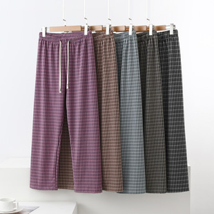 双面绒格子裤女冬季加绒加厚保暖阔腿裤直筒裤大码家居裤休闲长裤