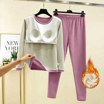 德绒带胸垫保暖内衣女士套装