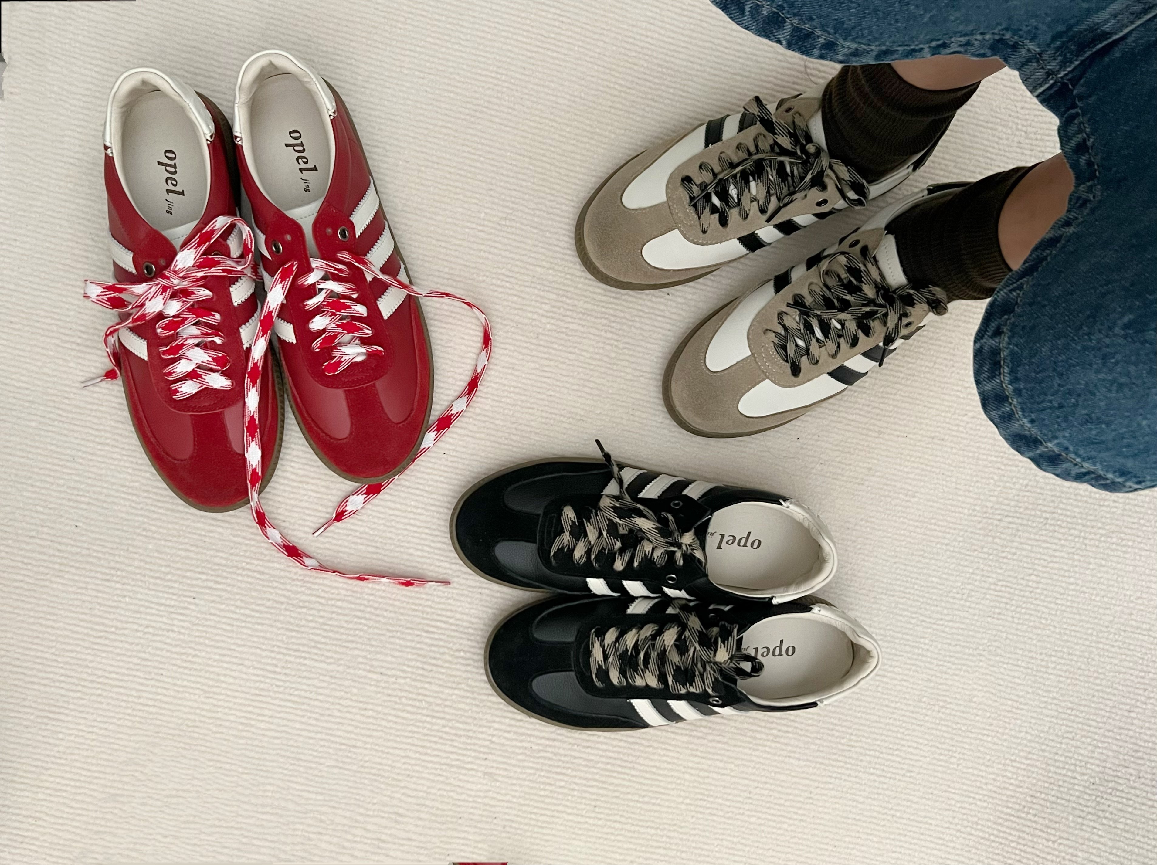 opel韩版复古拼色平底阿甘鞋女2023圆头休闲舒适真皮运动德训单鞋