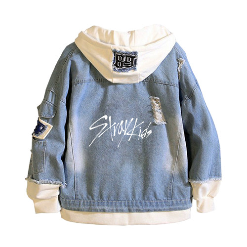 straykids连帽衫假两件牛仔卫衣