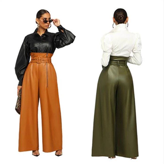 women leather pants 2025欧美高腰长裤PU皮裤夜店金属皮带阔腿裤