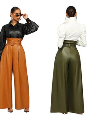women leather pants 2025欧美高腰长裤PU皮裤夜店金属皮带阔腿裤