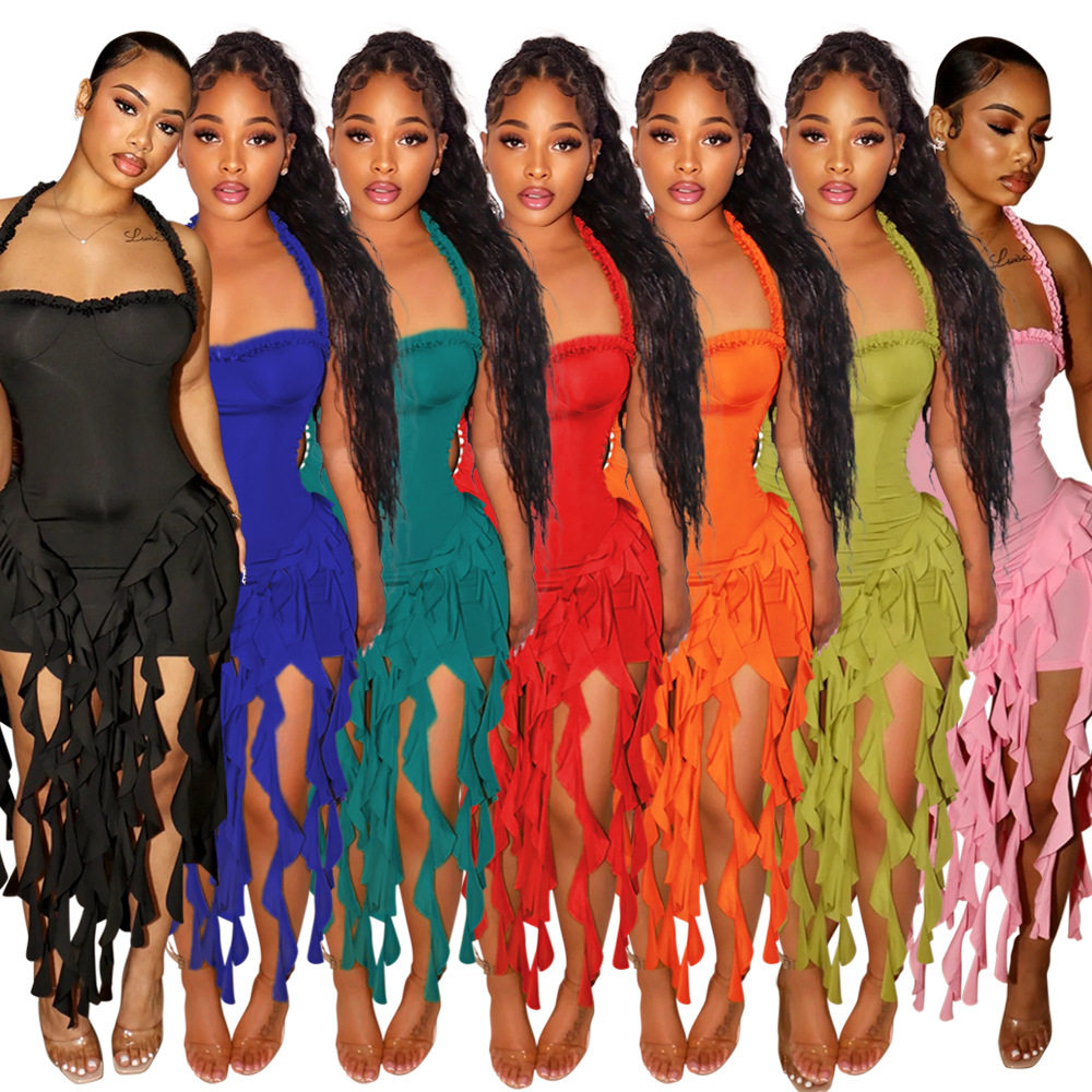 Women solid color tassel neck wrapped dress女纯色裹身连衣裙
