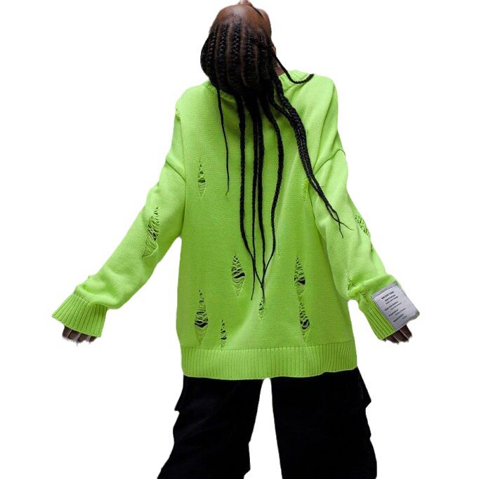 women loose sweater coat 欧美破洞圆领毛衣宽松长袖针织衫外套