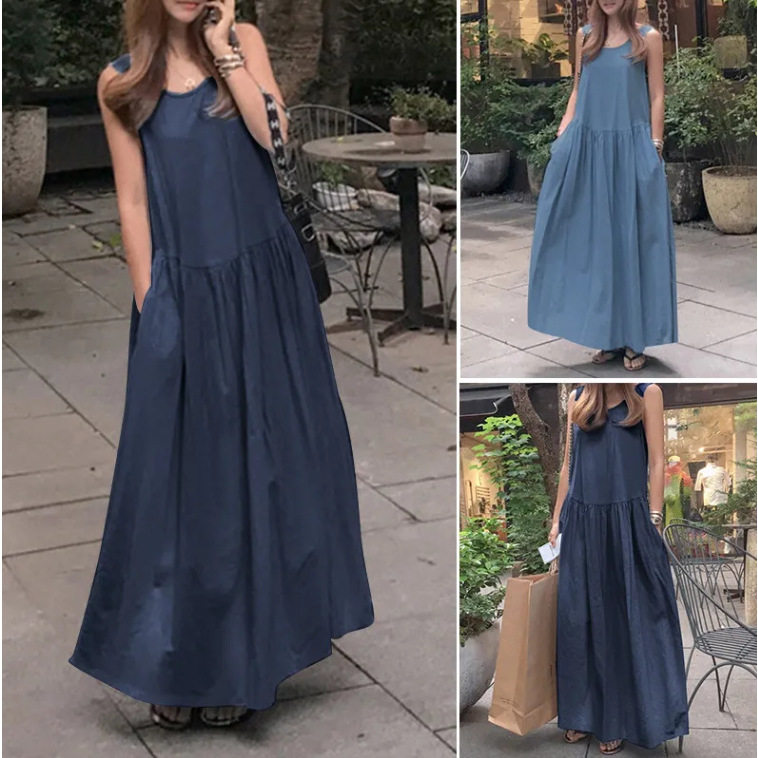 women loose dress long棉麻休闲圆领无袖大码宽松长款大摆连衣裙
