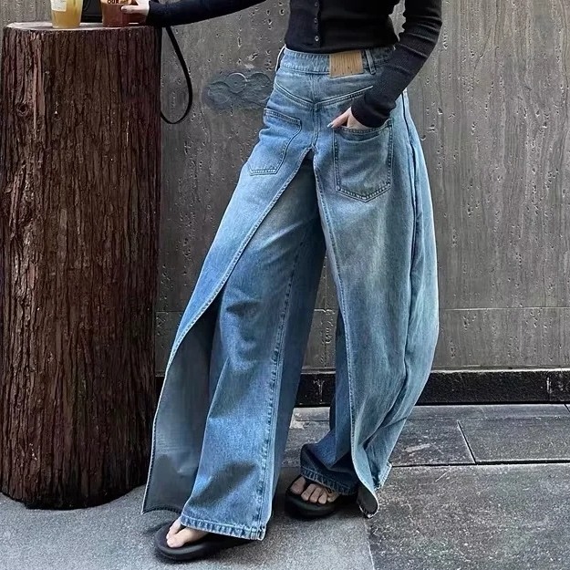侧拉链香蕉裤阔腿牛仔裤宽松显瘦牛仔长裤子 women loose jeans