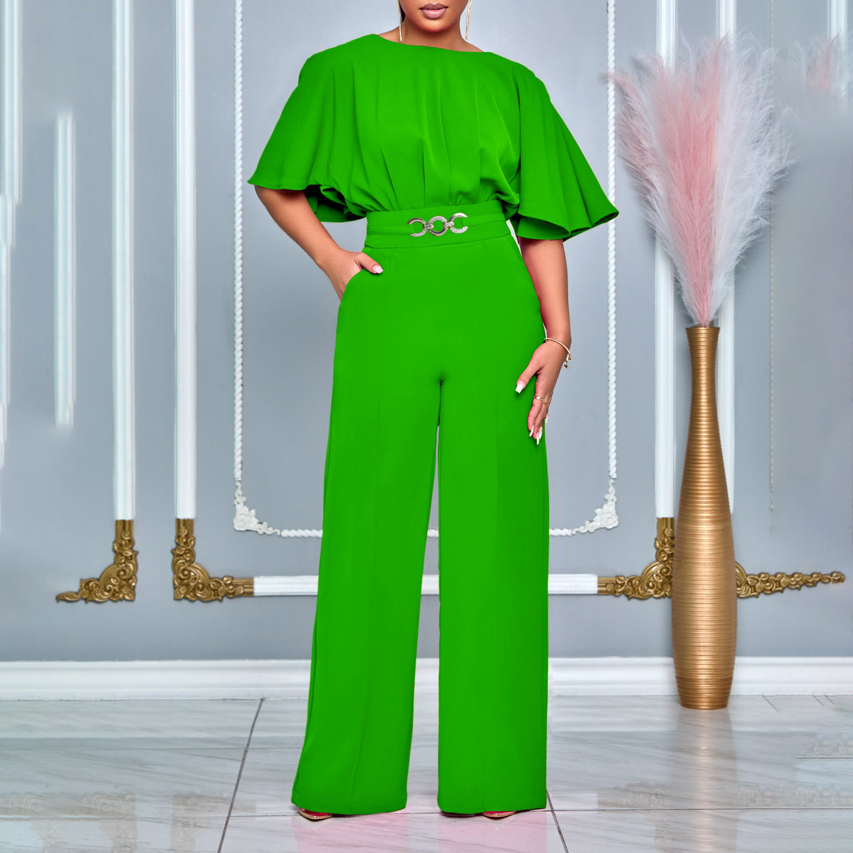 Women African wide leg jumpsuit女圆领高腰大码非洲阔腿连体裤