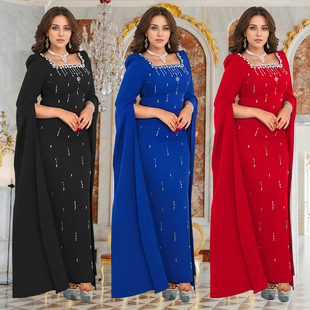Women back slit cape sleeve rhinestone dress女斗篷袖烫钻长裙