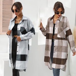 Women winter plaid long windbreaker jacket女格子长款风衣外套