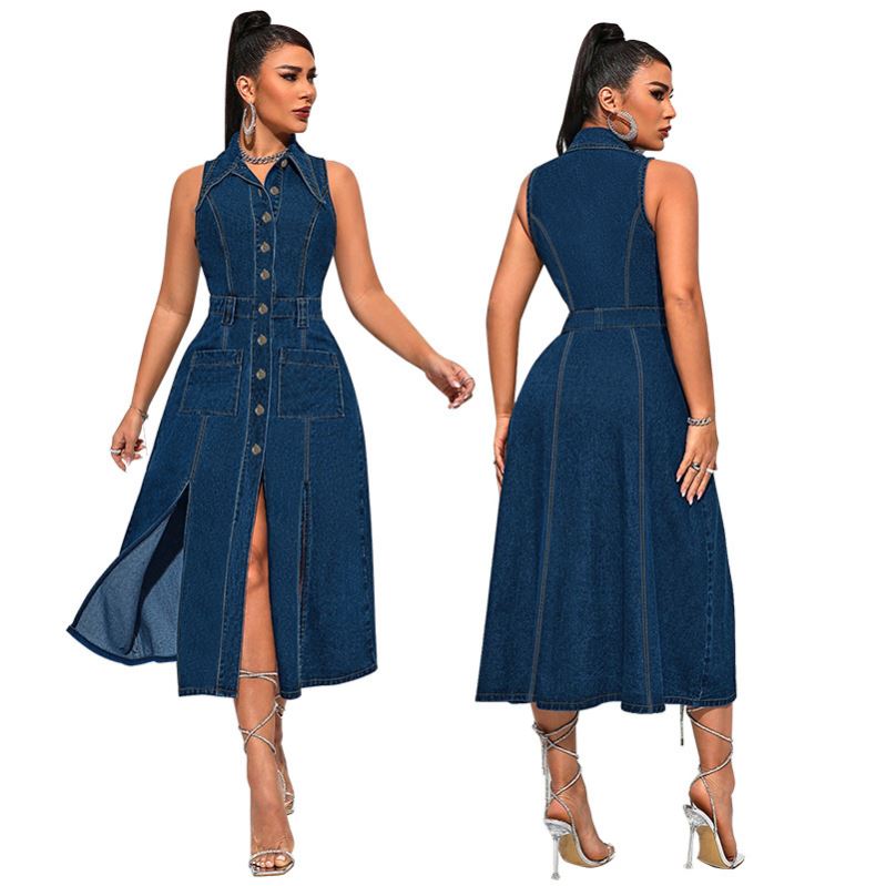 Ladies big size jeans dress 欧美大码牛仔开衫无袖开叉长连衣裙