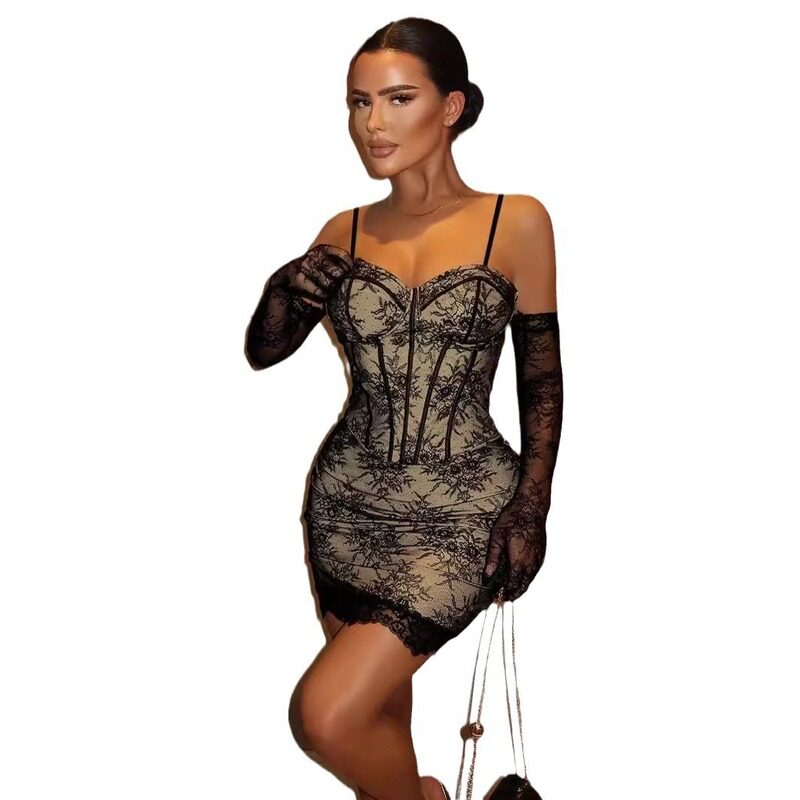 新欧美性感露背拼接包臀蕾丝吊带连衣裙 Ladies party dress sexy