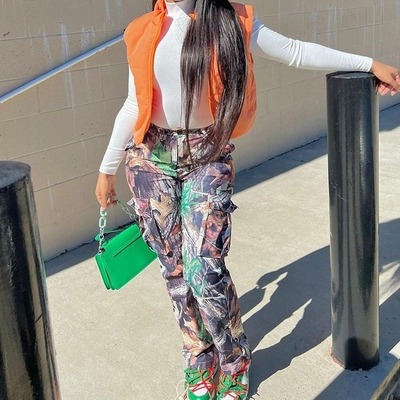 Women leaf print straight leg pocket work pants女树叶工装裤