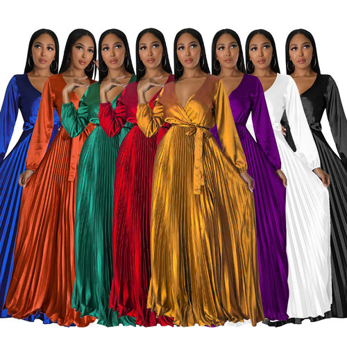 Women's V-neck lantern sleeve dress女秋V领灯笼袖压褶连衣裙
