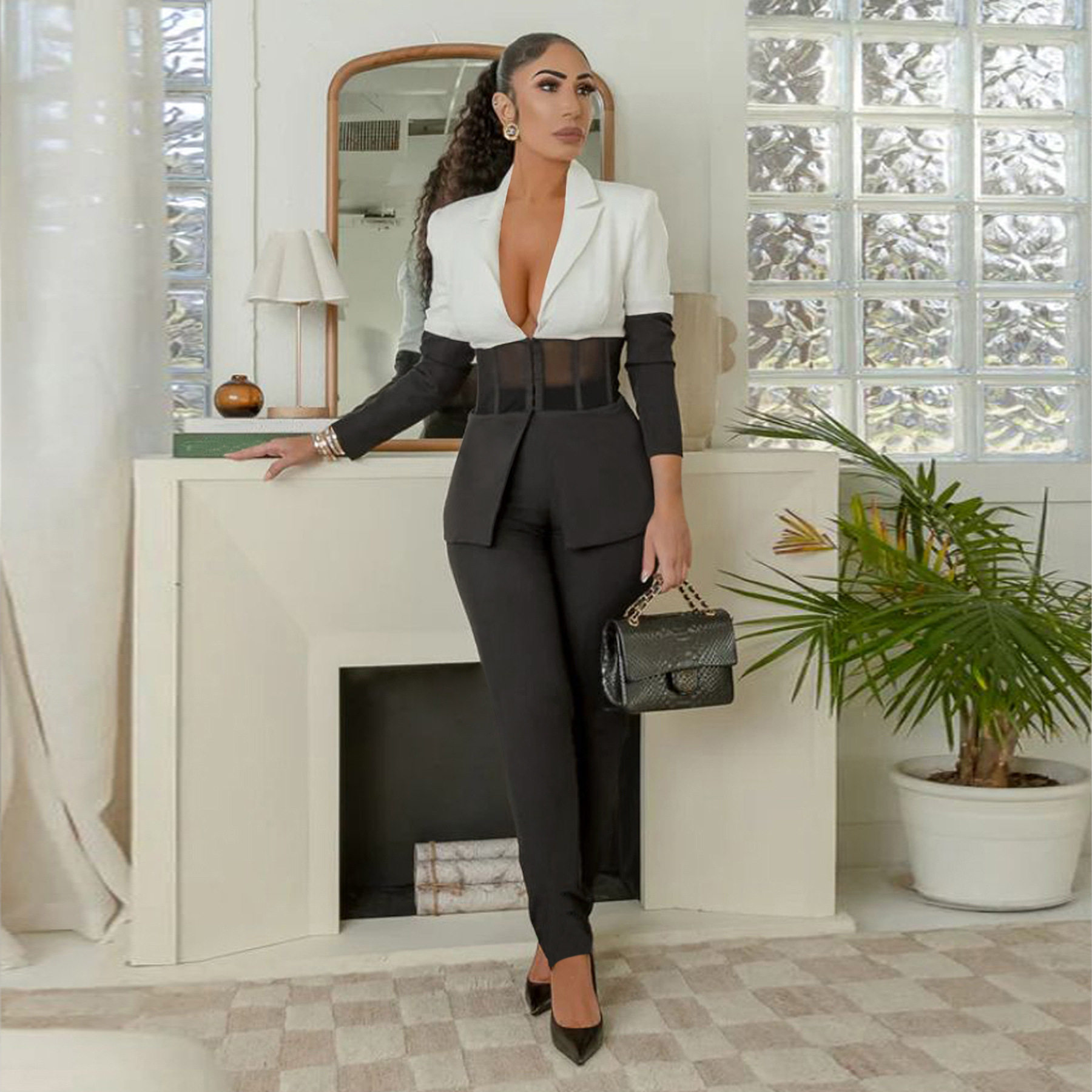 2-piece set of women contrasting color spliced suit西服套装