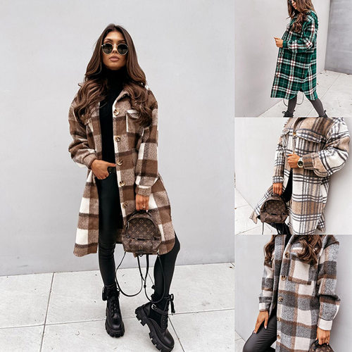 Women's plaid printed long sleeved thin and long jacket