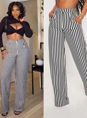 Women black striped high waisted wide leg pants女条纹阔腿裤