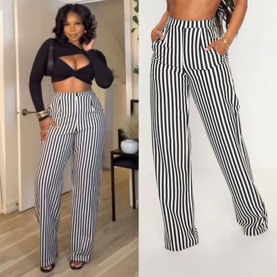 Women black striped high waisted wide leg pants女条纹阔腿裤