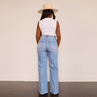 women jeans pants trousers 2024破洞牛仔裤水洗阔腿直筒长裤女