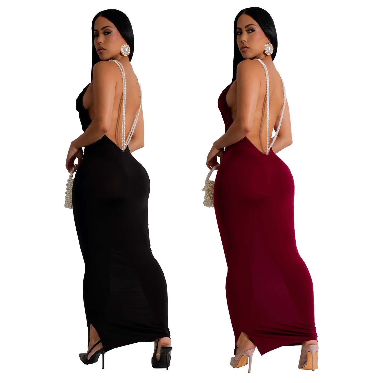 欧美包臂裙露背性感纯色连衣裙新 Ladies party sexy dress long