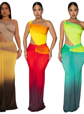 Women's sexy waist baring gradient dress, one shoulder dress