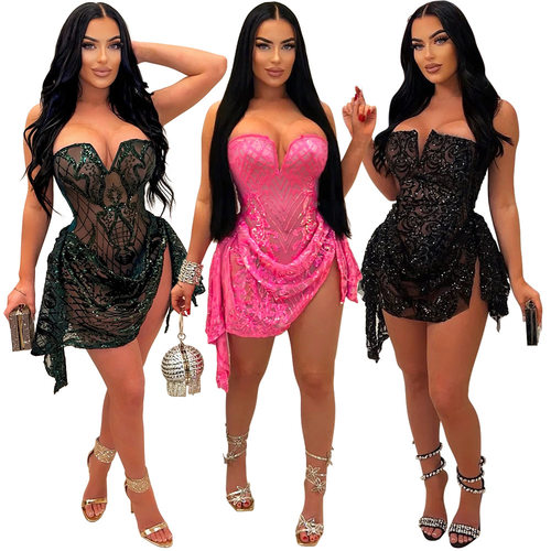 Women's strapless sequined dress性感v领抹胸亮片连衣裙女 时尚