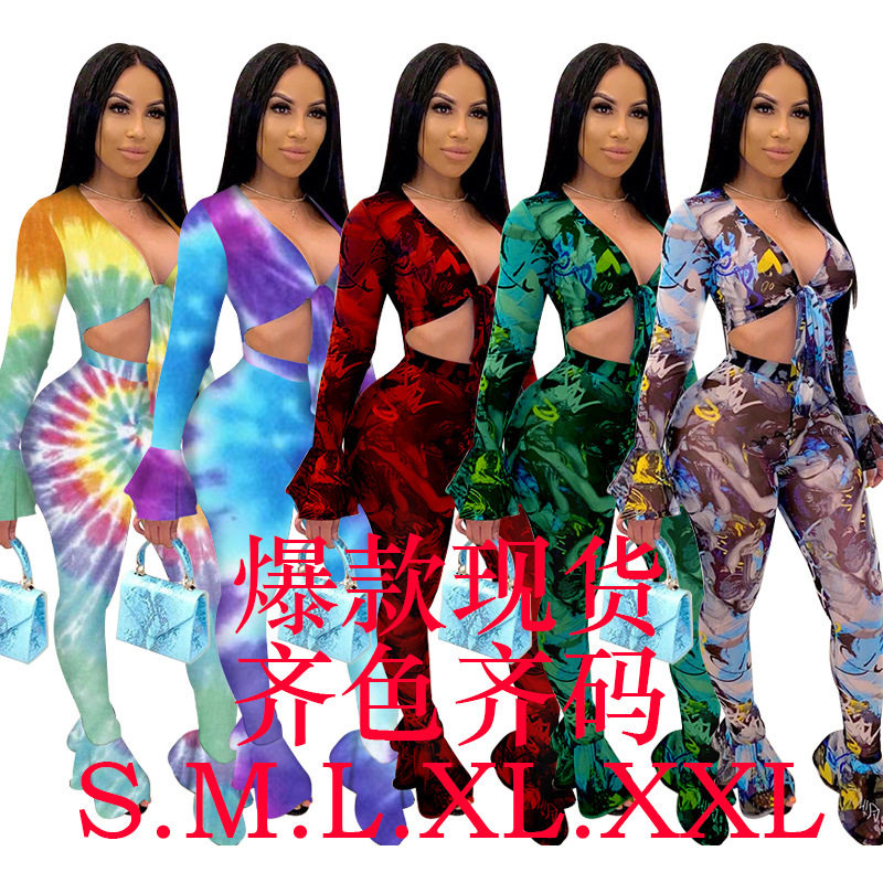 Women V-neck lace up polyester sexy printed jumpsuit女连体衣