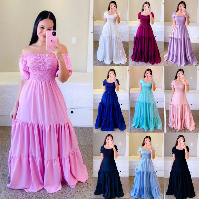 2024欧美一字肩碎花露肩长款露肩连衣裙 women sexy dress ladies
