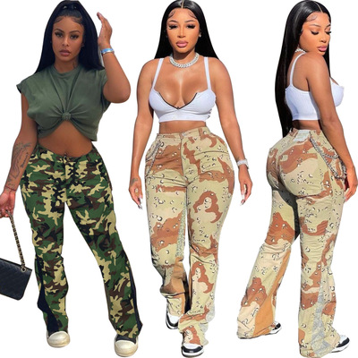 women fashion camouflage pants 欧美 迷彩 拼接 喇叭裤 裤子