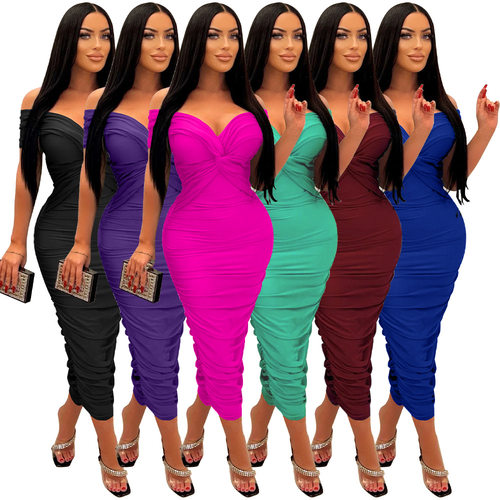 Women's V-neck pleated tight fitting dress女V领褶皱连衣裙