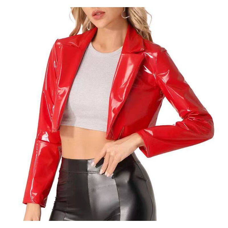 women short jacket 欧美风褶皱长袖露腰短款性感女士皮上衣外套