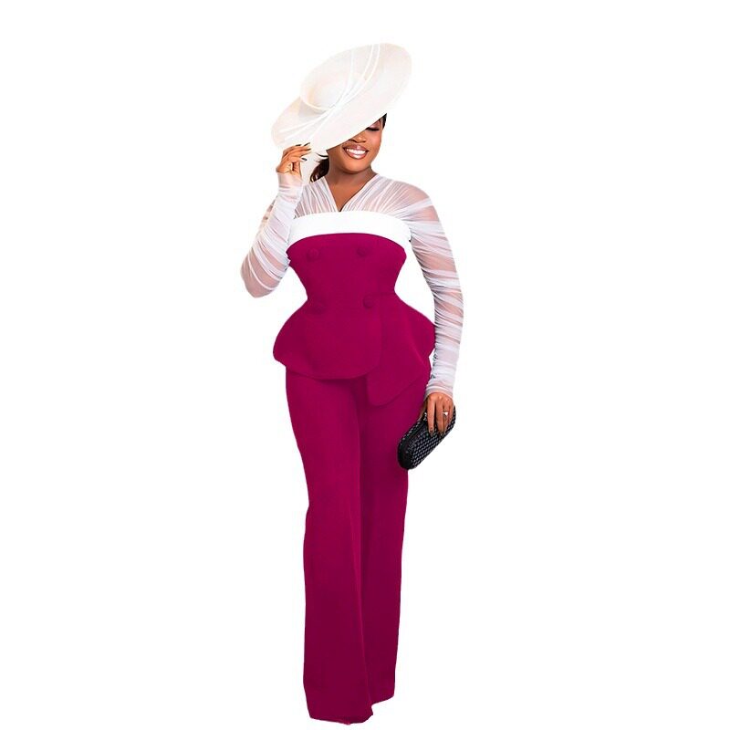 Women Dress pants set 荷叶边网纱褶皱长袖修身上衣裤子两件套装