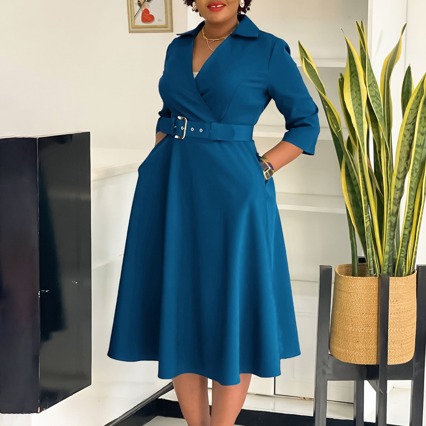African large skirt dress欧美大码女翻领气质纯色大裙摆连衣裙