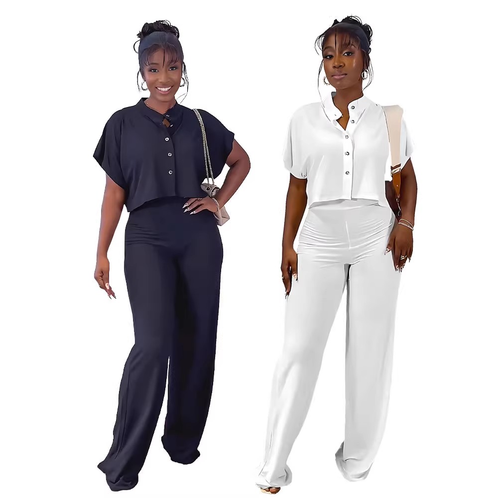 women short shirt+pants set 欧美短开衫上衣直筒长裤休闲两件套