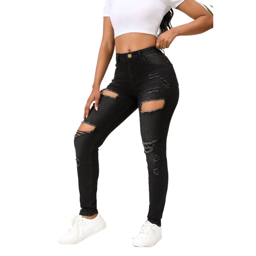 黑色破洞牛仔裤女弹力紧身弹力显瘦小脚裤子 women jeans stretch