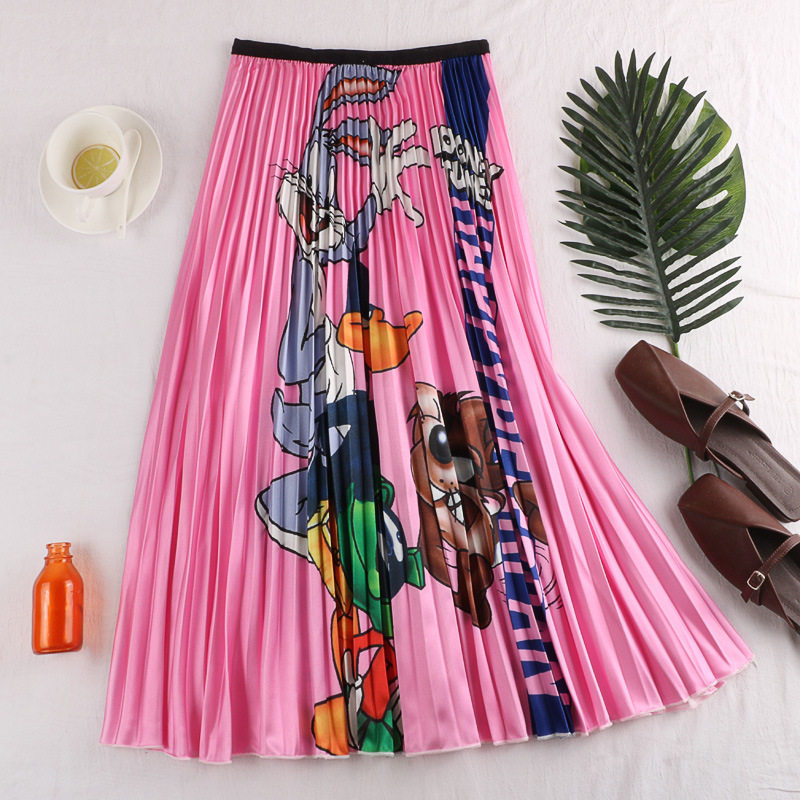 women printed dress 2022欧美卡通印花百褶A字裙修身百搭半身裙