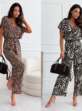 Women's V-neck sexy leopard print zebra print pants jumpsuit