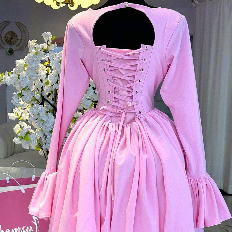 women pink dress 2025欧美优雅圆领长袖绑带系绳高腰A字连衣裙