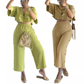 two leg short piece wide 衬衫 set女阔腿裤 Women pants shirt