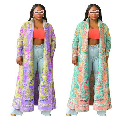 Women's pleated printed plus size trench coat long jacket