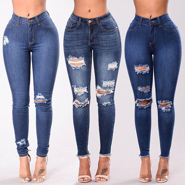 2025欧美小脚破洞女式高腰牛仔裤women stretch jeans pants long