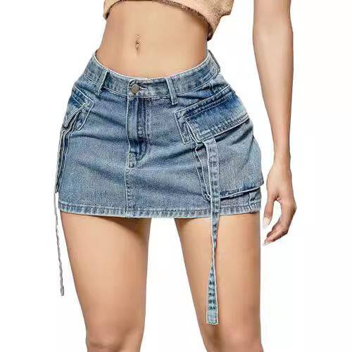 women mini skirt dress 2025欧美风大口袋迷你包臀美式牛仔短裙