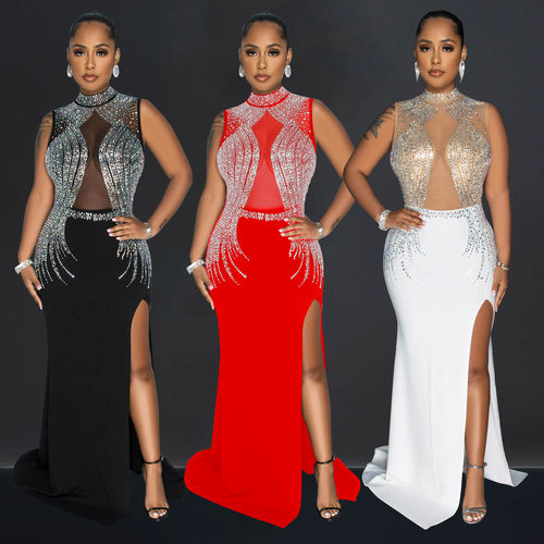 Women mesh hot drilling slit long skirt dress女烫钻开叉长裙