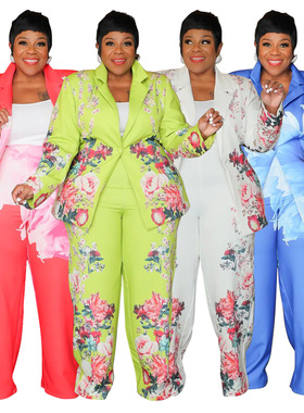5XL plus size women's printed jacket, casual pants, suit set