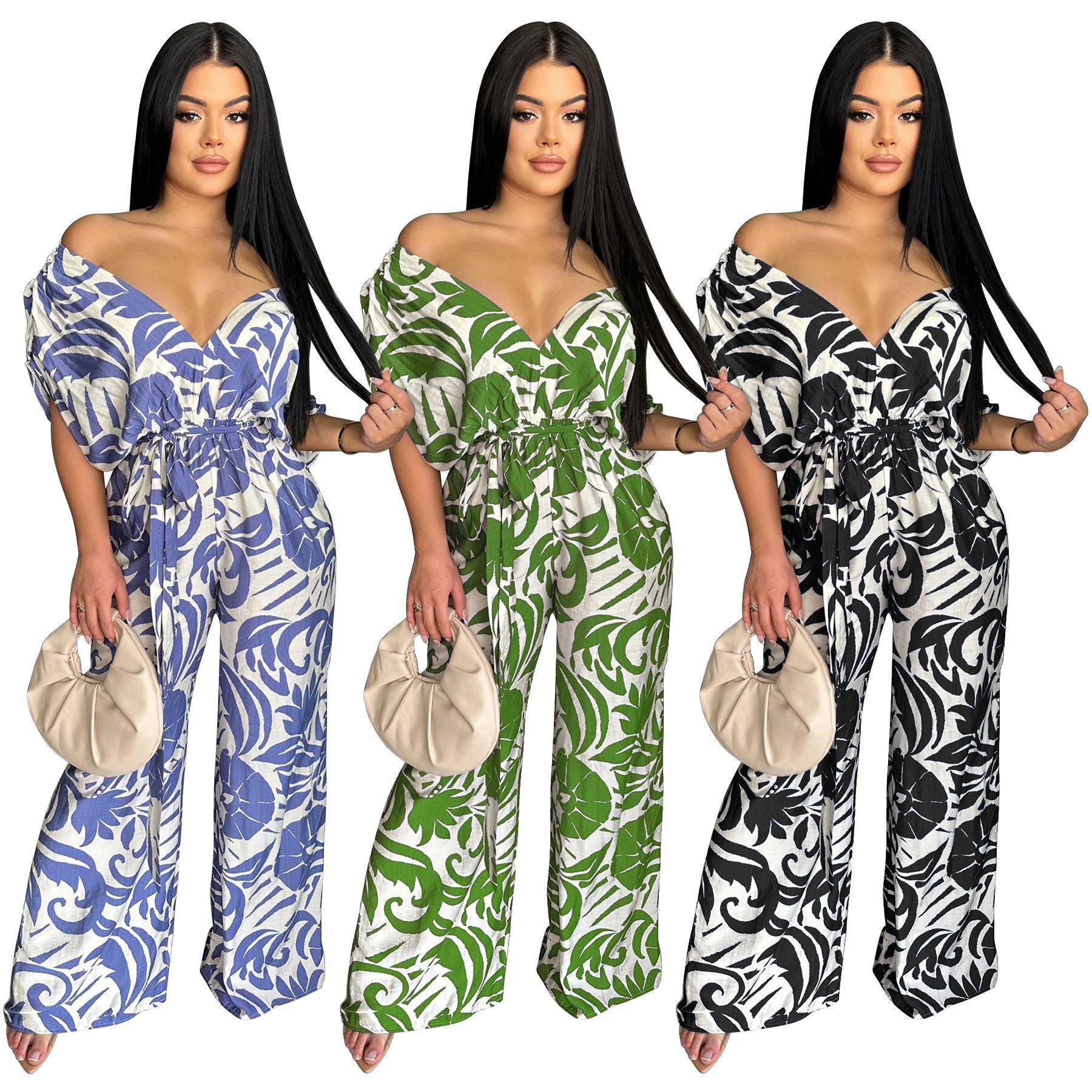 Women off shoulder bat sleeve wide leg jumpsuit女露肩连体裤
