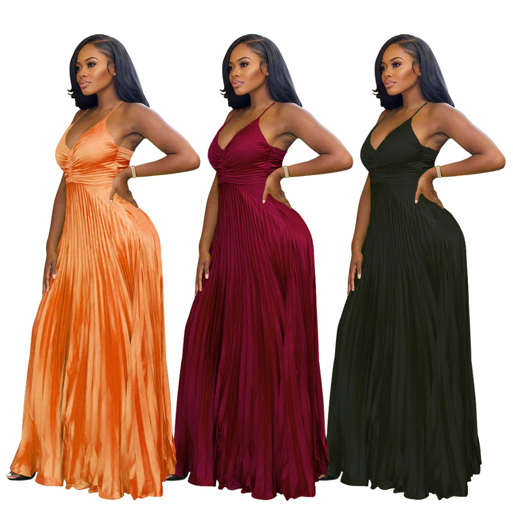Women's simulated silk pleated camisole dress女派对礼服裙