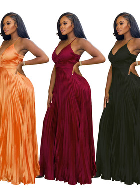 Women's simulated silk pleated camisole dress女派对礼服裙