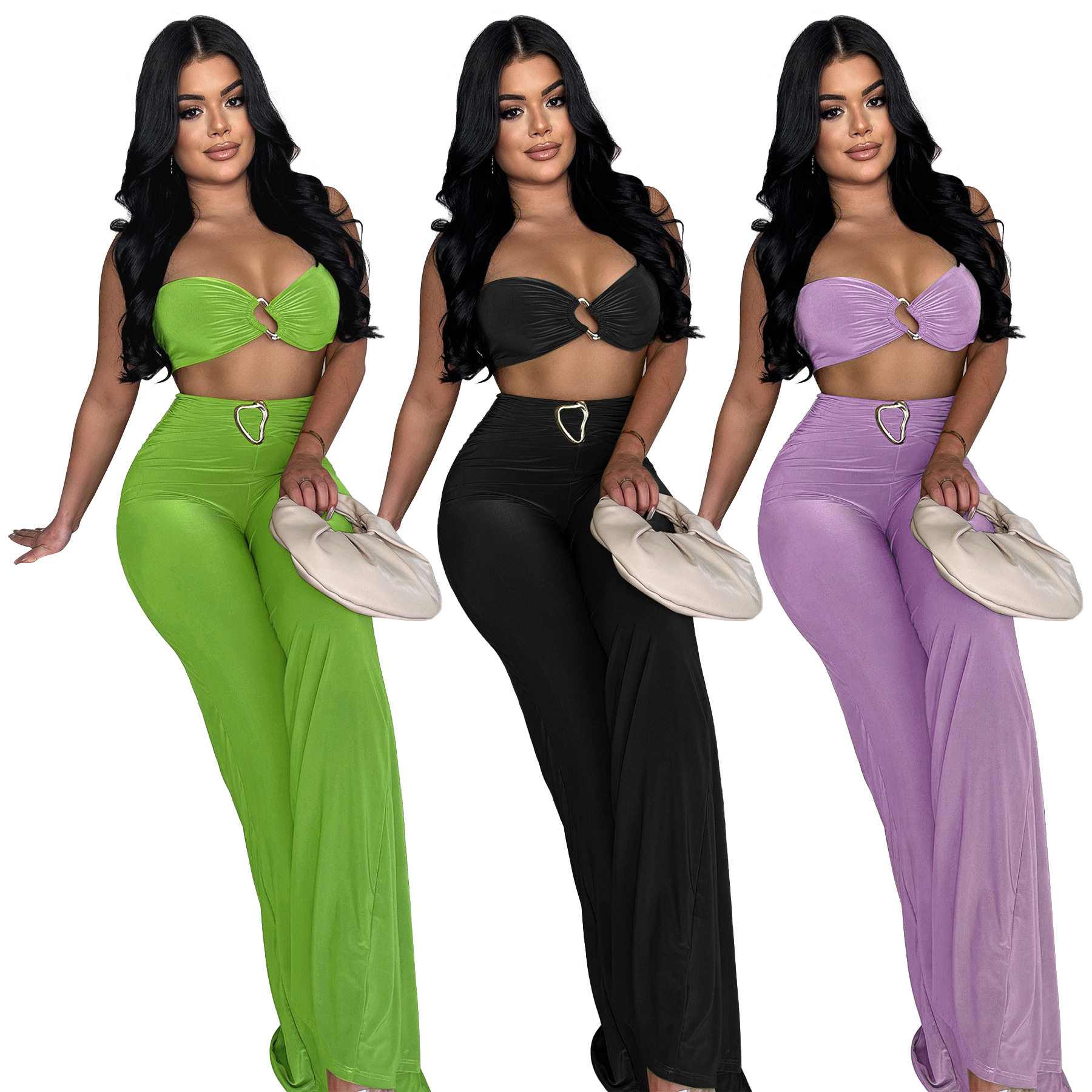 Women sexy neck hanging strapless and long pants 2-piece set