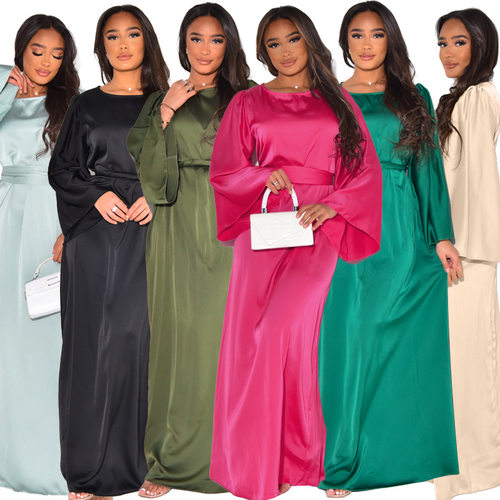 women dress long-sleeve 欧美2023圆领长袖宽松系带缎面连衣裙