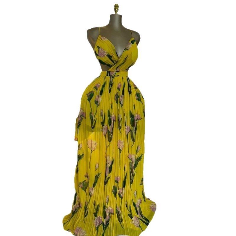 欧美2025印花V领吊带高腰百褶连衣裙 Ladies printed dress long