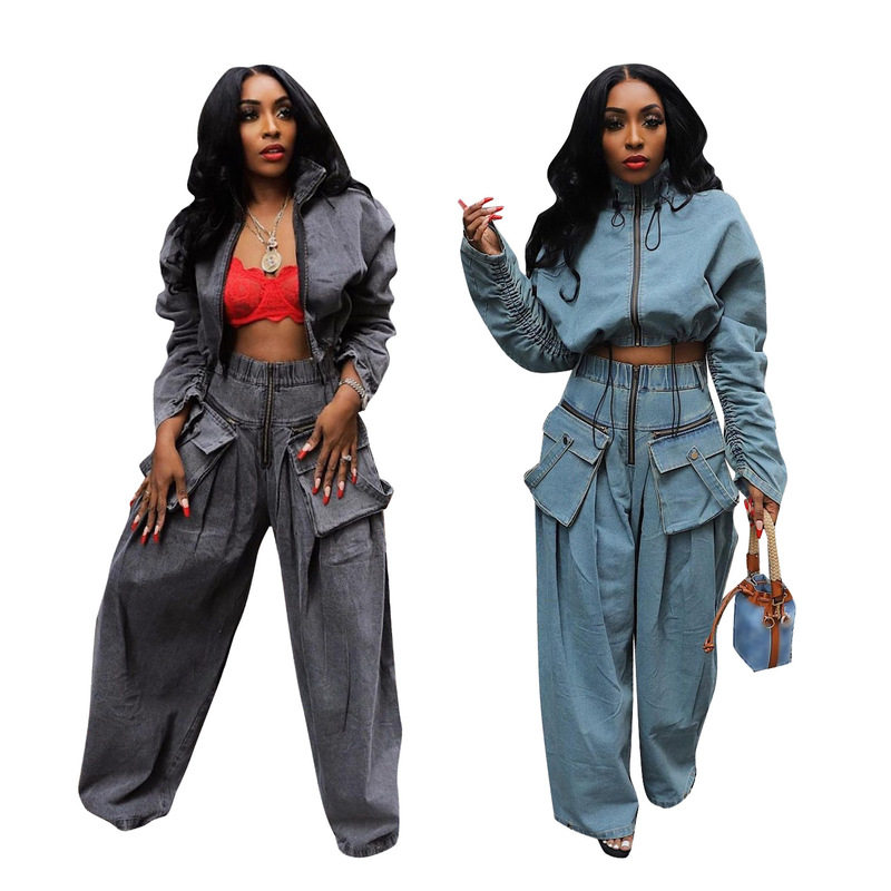 欧美女休闲宽松版牛仔套装women fashion jeans pants+jacket set